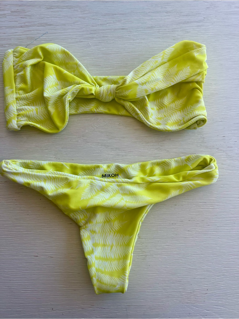 Mikoh Neon Yellow Bandeau Bikini with White Fern Print